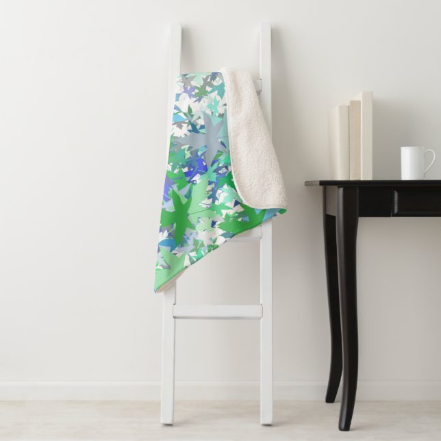 Forest Nursery Blue Green Gray Leaf Floral Pattern Sherpa Blanket (In Situ)