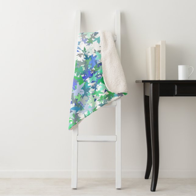 Forest Nursery Blue Green Gray Leaf Floral Pattern Sherpa Blanket (In Situ)