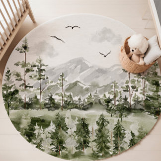 Forest Nursery Decor, Pine Tree and Mountains Rug