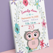 Forest Nursery Pink Owl Baby Girl Birth Stats