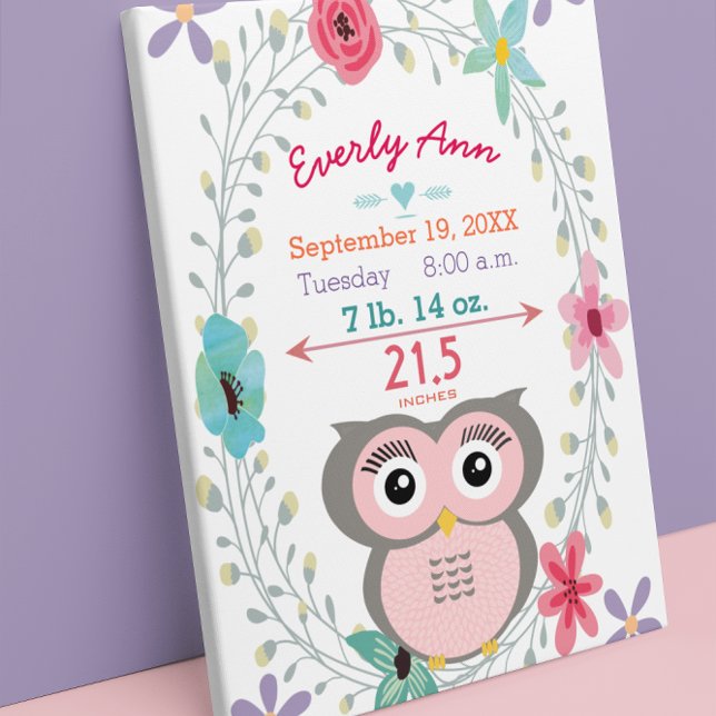 Forest Nursery Pink Owl Baby Girl Birth Stats  Faux Canvas Print (Creator Uploaded)
