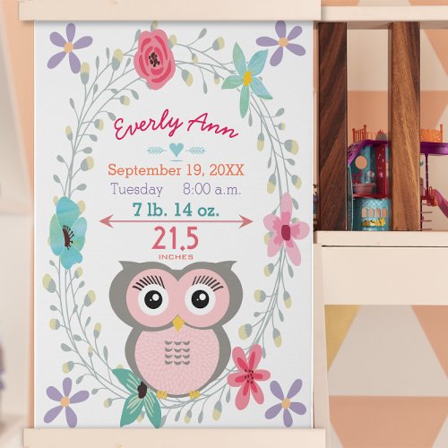 Forest Nursery Pink Owl Baby Girl Birth Stats  Faux Canvas Print