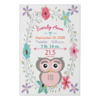 Forest Nursery Pink Owl Baby Girl Birth Stats  Faux Canvas Print