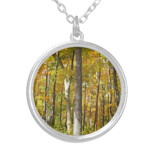 Forest of Yellow Leaves Autumn Landscape Silver Plated Necklace (Front)