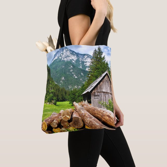 Forest on Mountainside Lumberjack Camp Tote Bag (Close Up)