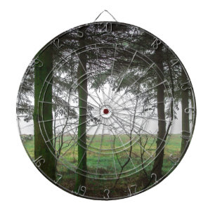 Forest overlooking clearing in the fog dartboard with darts