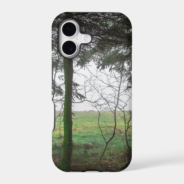 Forest overlooking clearing in the fog iphone case (Back)