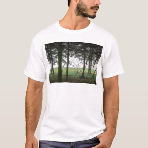 Forest overlooking clearing in the fog T_Shirt