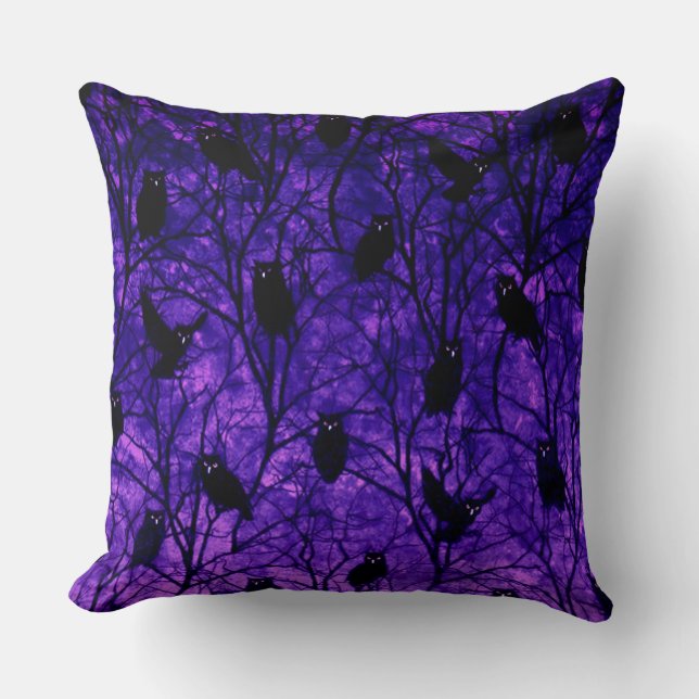 Forest Owls Midnight Gathering Throw Pillow (Front)