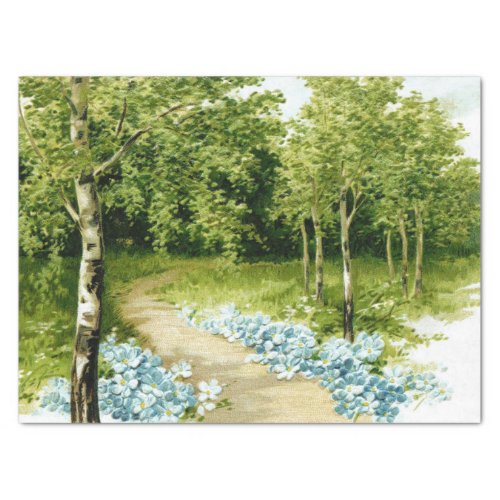 Forest Path Birch Trees Blue Flowers Decoupage Tissue Paper