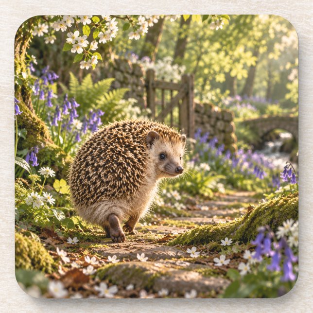Forest Path Hedgehog Design Beverage Coaster (Front)