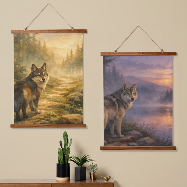 Forest Path & Misty Lake Wolf Tapestry Scenes (Asymmetrical)