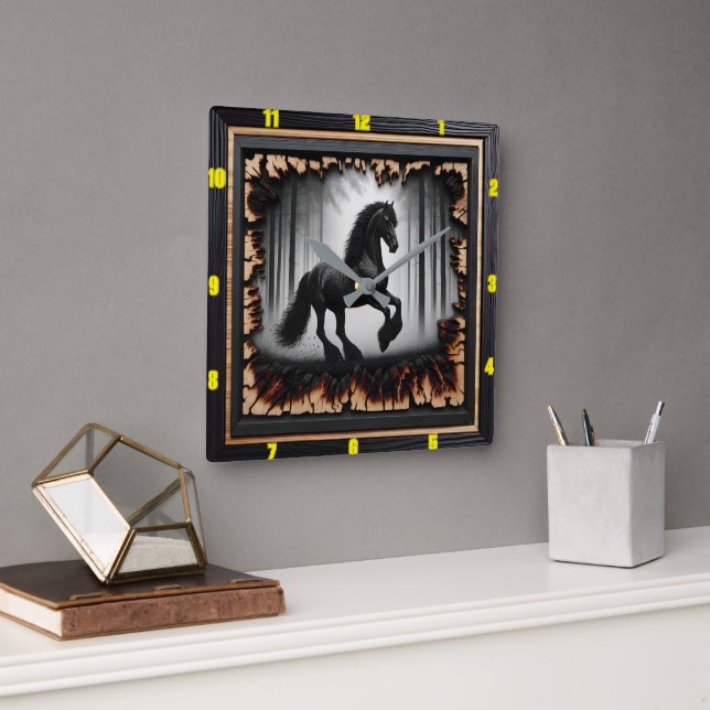 Forest Path: Personalized Charred Wood Friesian Square Wall Clock (Office)