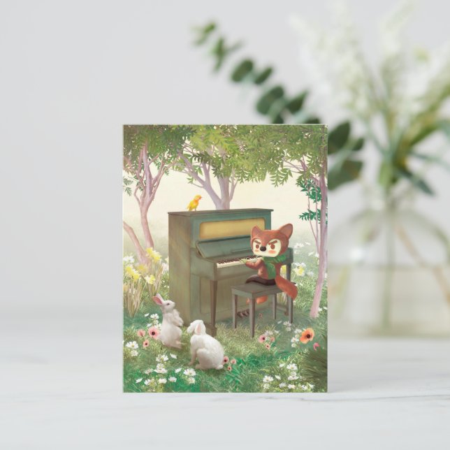 Forest Piano Concert: Iron T. Fox & Bunnies Art Announcement Postcard (Standing Front)