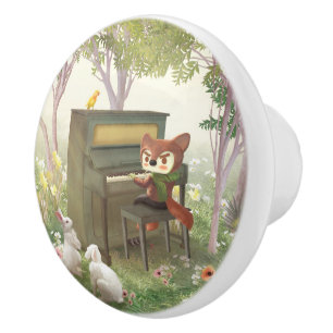 Forest Piano Concert: Iron T. Fox & Bunnies Art Ceramic Knob