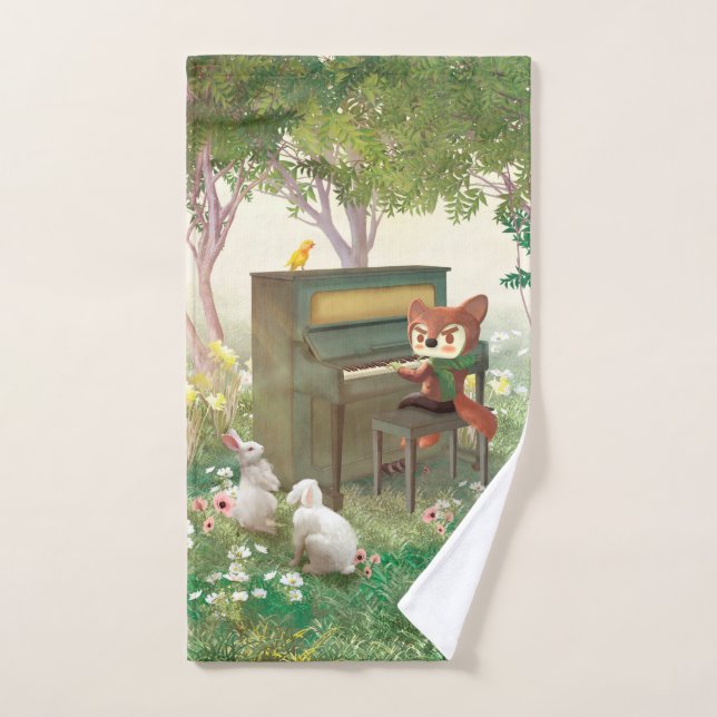 Forest Piano Concert: Iron T. Fox & Bunnies Art Hand Towel (Hand Towel)