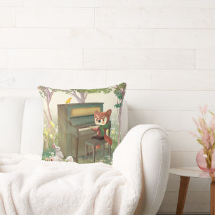 Forest Piano Concert: Iron T. Fox & Bunnies Art Throw Pillow