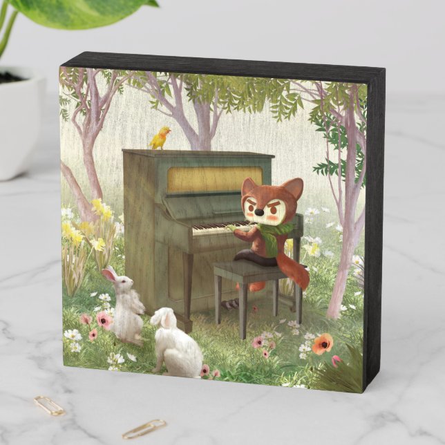 Forest Piano Concert: Iron T. Fox & Bunnies Art Wooden Box Sign (In Situ Horizontal)