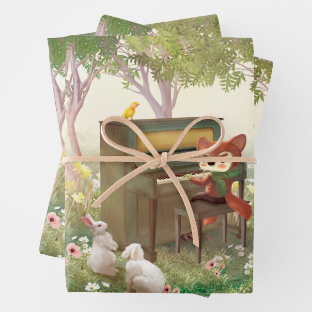 Forest Piano Concert: Iron T. Fox & Bunnies Art Wrapping Paper Sheets (In situ)