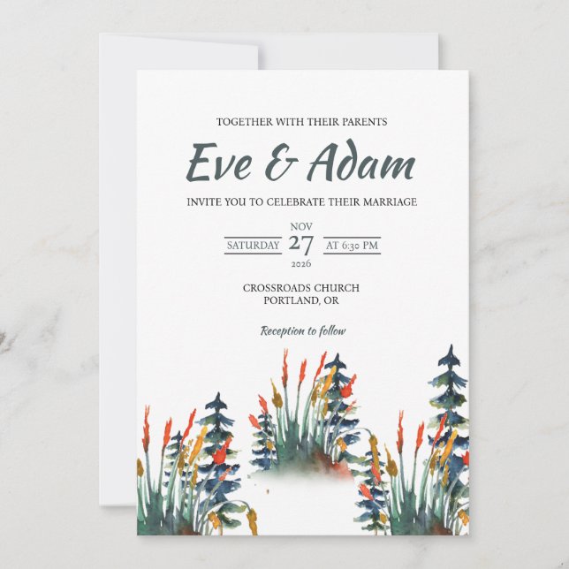 Forest Pine Reed Boho Watercolor Winter Wedding Invitation (Front)