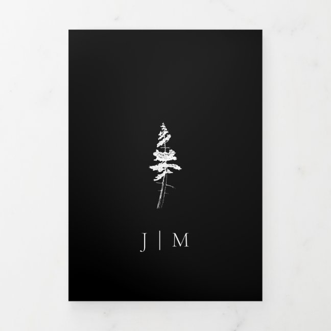Forest Pine Tree Black Modern Wedding Tri-Fold Card