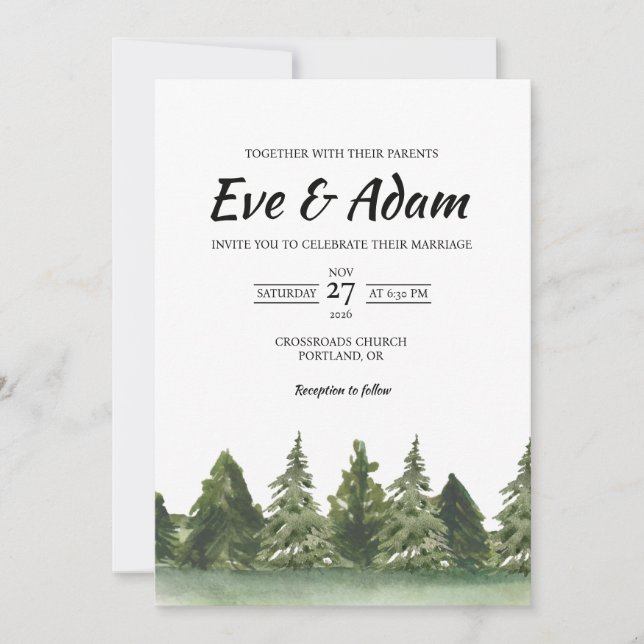 Forest Pine Tree Boho Watercolor Winter Wedding Invitation (Front)