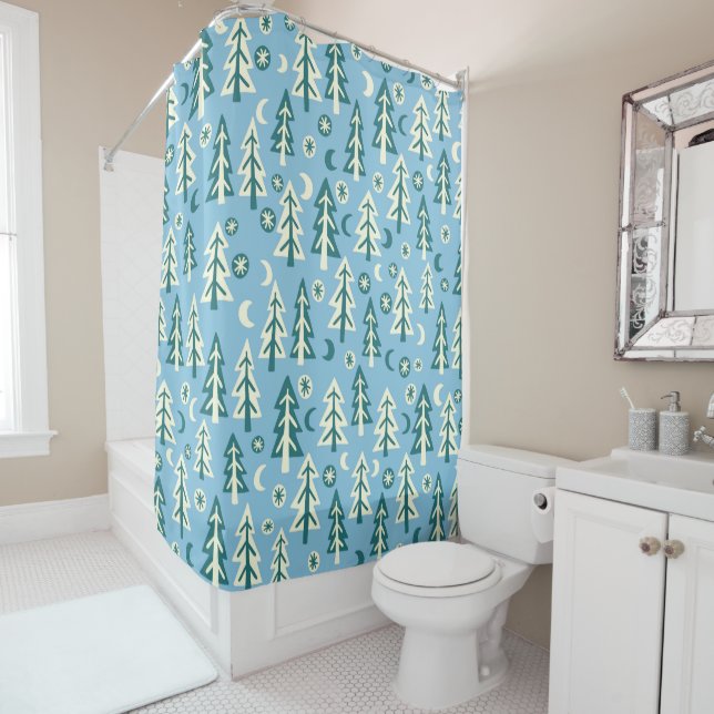 Forest Pine Trees Moon Stars Blue Green Shower Curtain (In Situ)