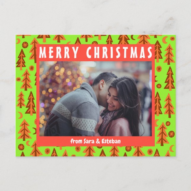 Forest Pine Trees Moon Stars CUSTOM PHOTO Holiday Postcard (Front)