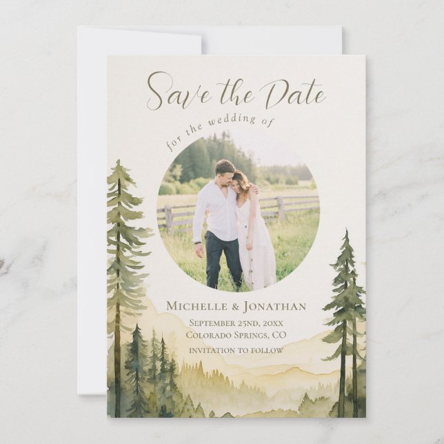 Forest Pine Trees Photo Christian Wedding  Save The Date (Front)