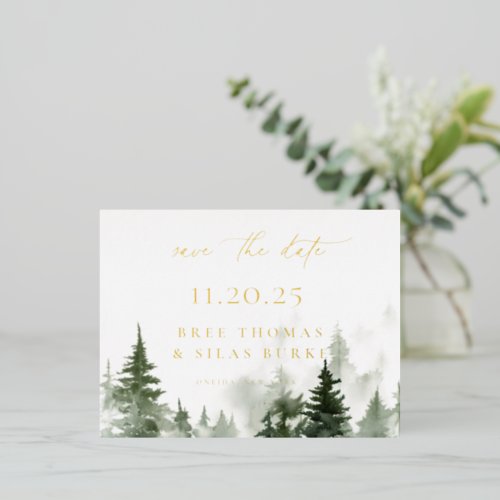 Forest Pine Trees Save The Date Foil Postcard