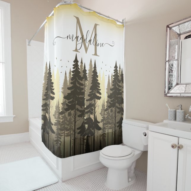 Forest Pine Trees Script Name Monogram Shower Curtain (In Situ)
