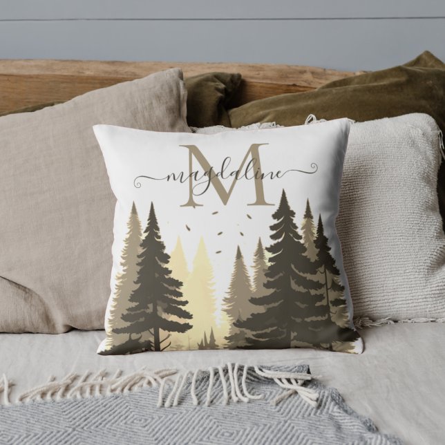 Forest Pine Trees Script Name Monogram Throw Pillow (Creator Uploaded)