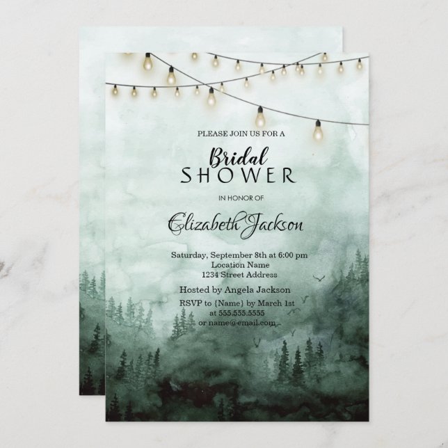 Forest,Pine Trees,String Lights Green  Invitation (Front/Back)