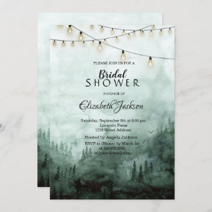 Forest,Pine Trees,String Lights Green Invitation