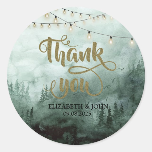 Forest,Pine Trees,String Lights Green  Thank You Classic Round Sticker (Front)