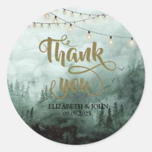 Forest,Pine Trees,String Lights Green Thank You Classic Round Sticker