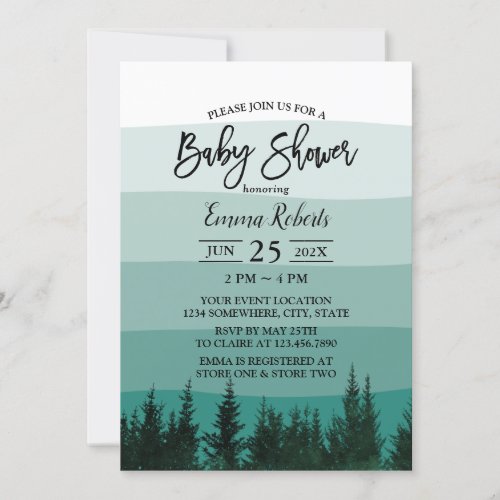 Forest Pine Trees Teal Stripes Baby Shower Invitation