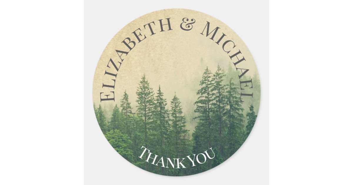 Forest Pine Trees Thank You Favor Kraft Look Classic Round Sticker | Zazzle
