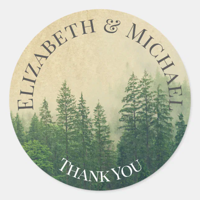 Forest Pine Trees Thank You Favor Kraft Look Classic Round Sticker | Zazzle