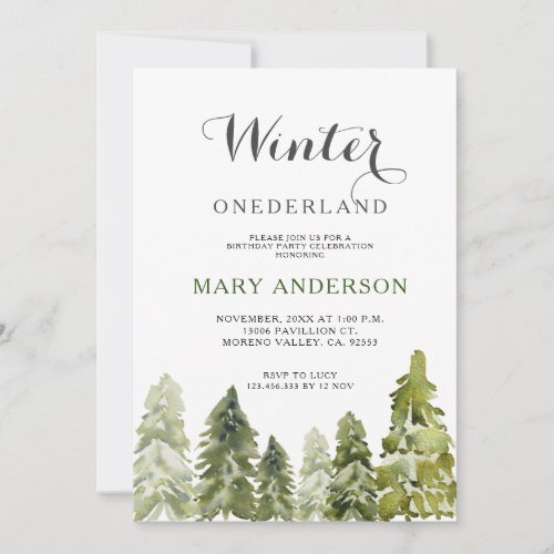 Forest Pine Trees Winter Onederland Birthday Invitation