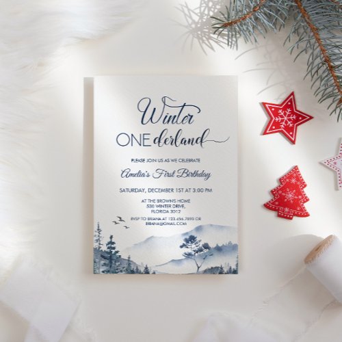 Forest Pine Trees Winter Onederland Birthday Invitation