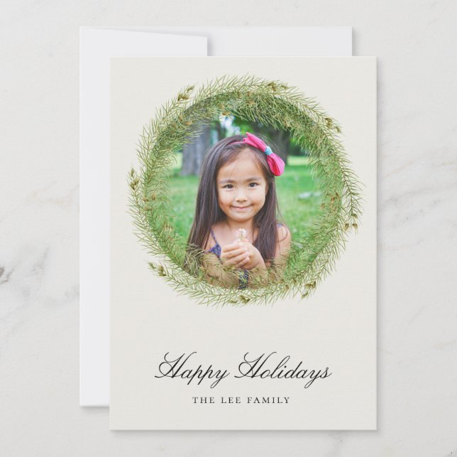 Forest Pine Wreath Flat Holiday Photo Card (Front)
