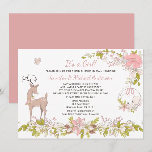Forest Pink Girl Bear Deer Baby Shower By Mail Invitation (Front/Back)