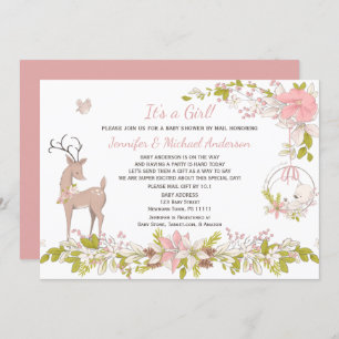Forest Pink Girl Bear Deer Baby Shower By Mail Invitation
