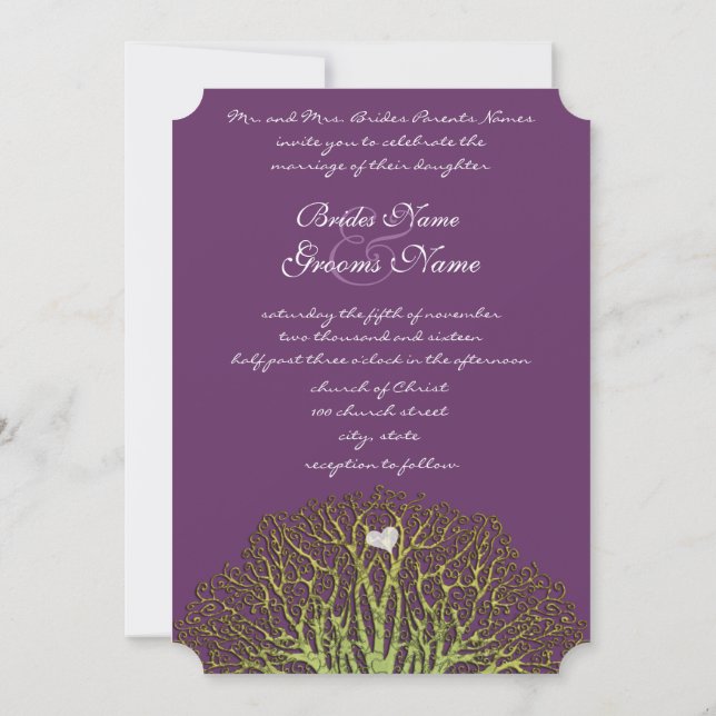 Forest Plum Green Woodpecker Tree Wedding Invites (Back)