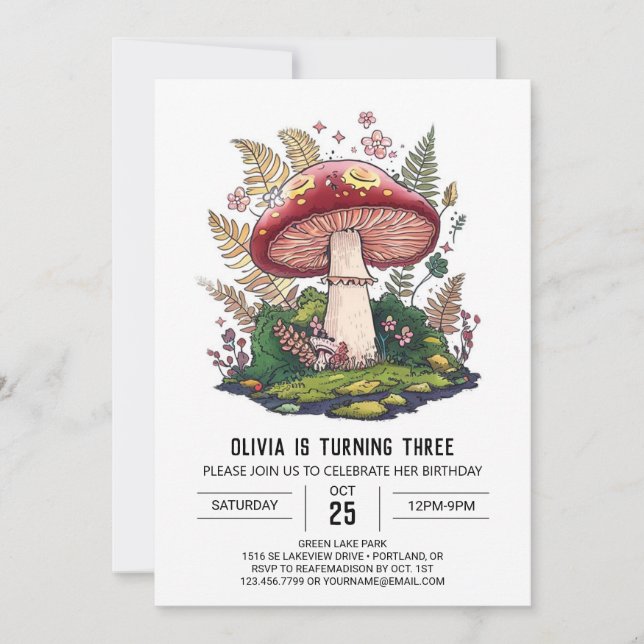 Forest Pretty Digital Mushroom Birthday Invitation (Front)