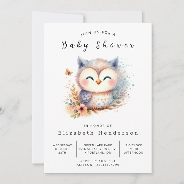 Forest Printable Owl Baby Shower Invitation (Front)
