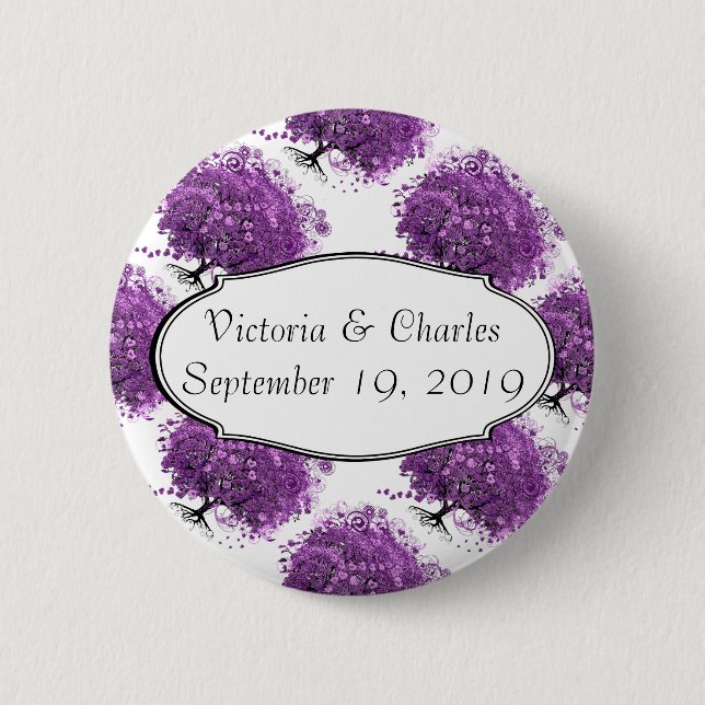 Forest Purple Heart Leaf Tree Wedding Button (Front)
