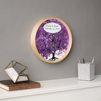 Forest Purple Heart Leaf Tree Wedding Clock