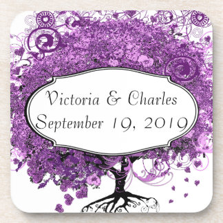 Forest Purple Heart Leaf Tree Wedding Drink Coaster